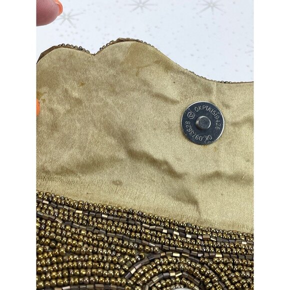 Vintage 50s bronze beaded wristlet, small clutch purse, with turquoise inserts - Picture 8 of 9